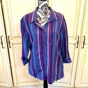 Sherry Taylor Size 1X Purple, Blue, & White Striped Quarter Sleeve Blouse